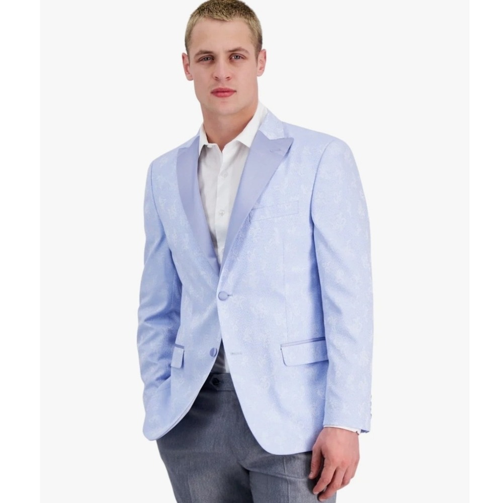 Alfani Mens Slim Fit Stretch Sheen Floral Evening Jacket Blazer Blue 36R‎ Formal